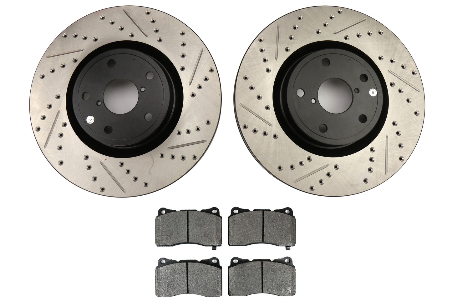 Stoptech Drilled and Slotted Sport Front Rotors and PosiQuiet Semi-Metallic Pads Kit - 2005-2017 Subaru STI