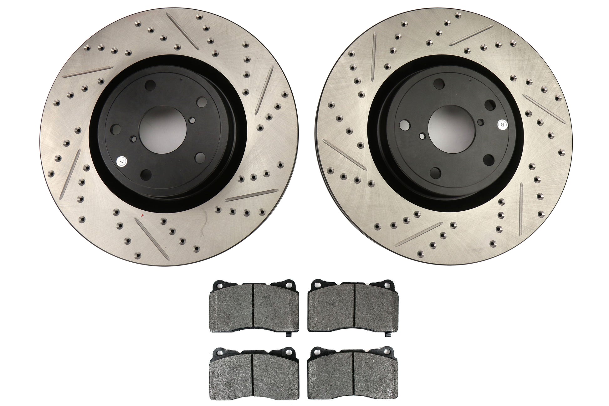 Stoptech Drilled and Slotted Sport Front Rotors and PosiQuiet Semi-Metallic Pads Kit - 2005-2017 Subaru STI