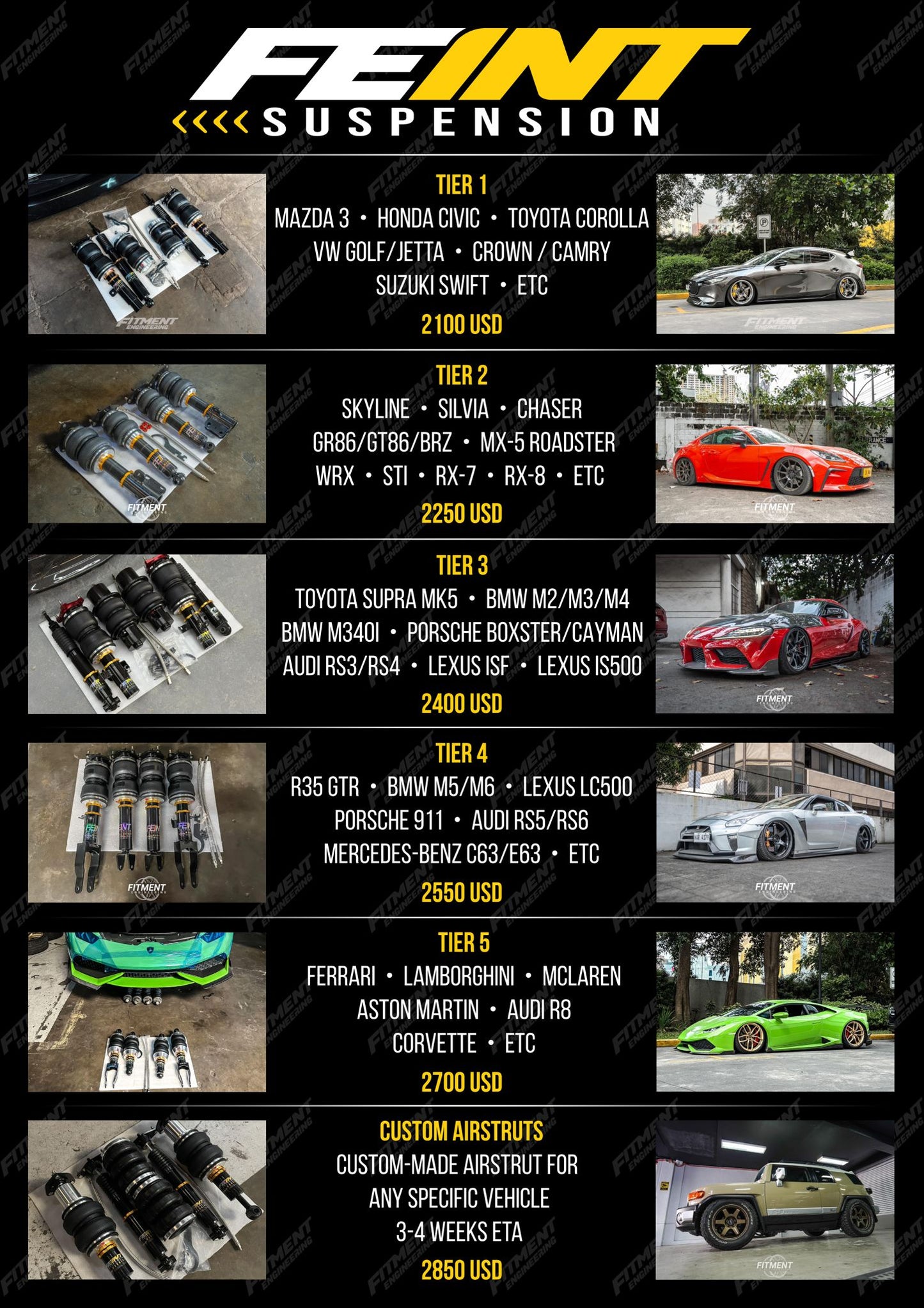 Fitment Engineering FEINT Air Struts Custom Tier