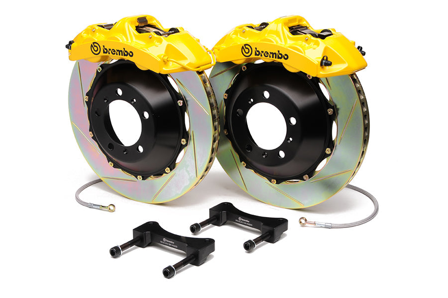 Brembo Gran Turismo 6 Piston Front Brake Kit Yellow Slotted Rotors - 2004-2017 Subaru STI / 2010-2012 Legacy GT/3.5R