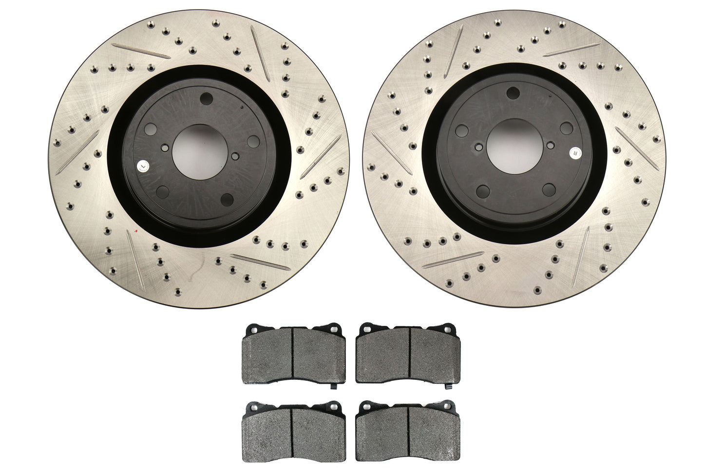 Stoptech Cross Drilled Sport Rotors and PosiQuiet Semi-Metallic Brake Pads - 2005-2017 Subaru STI