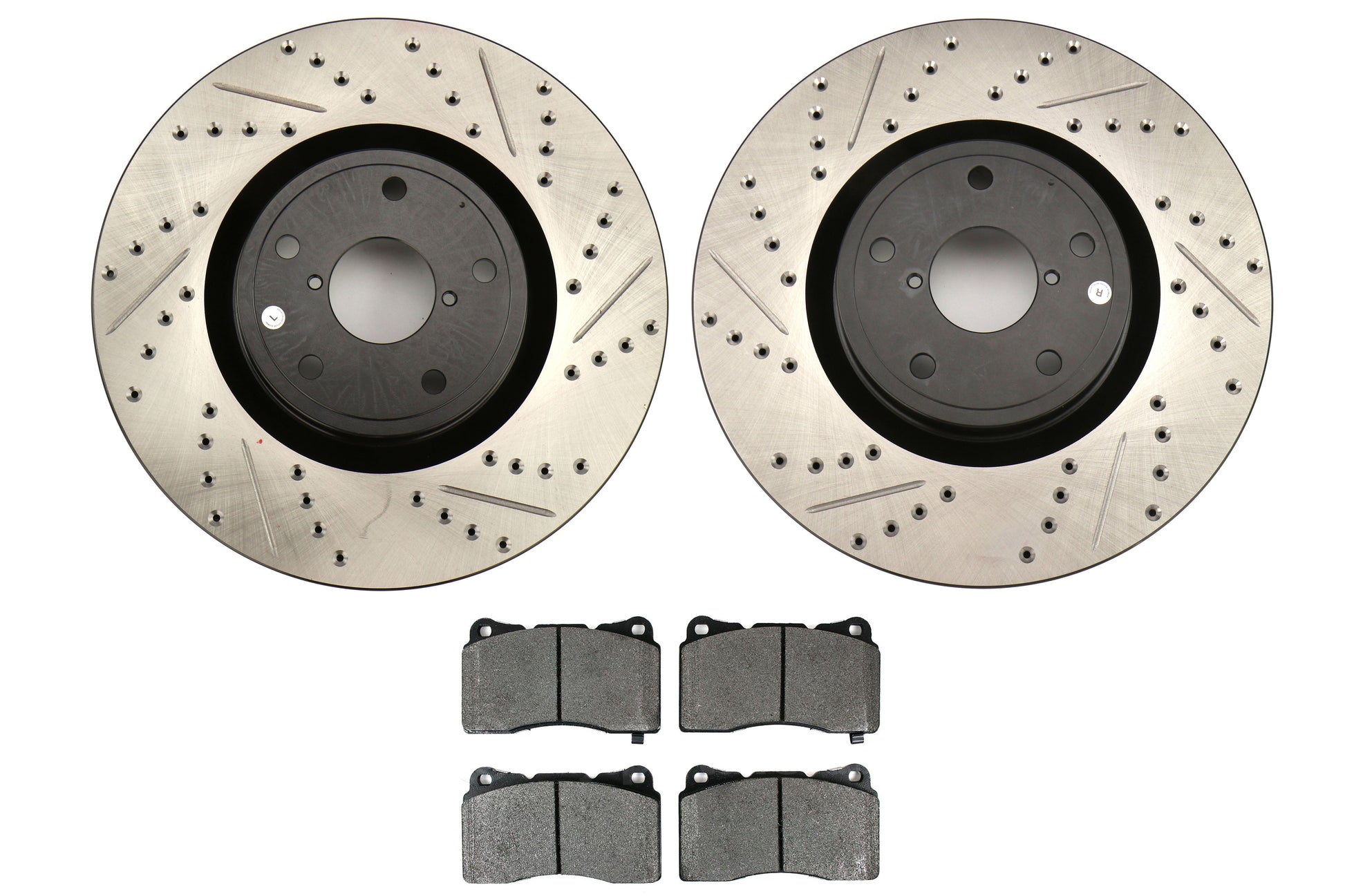 Stoptech Cross Drilled Sport Rotors and PosiQuiet Semi-Metallic Brake Pads - 2005-2017 Subaru STI