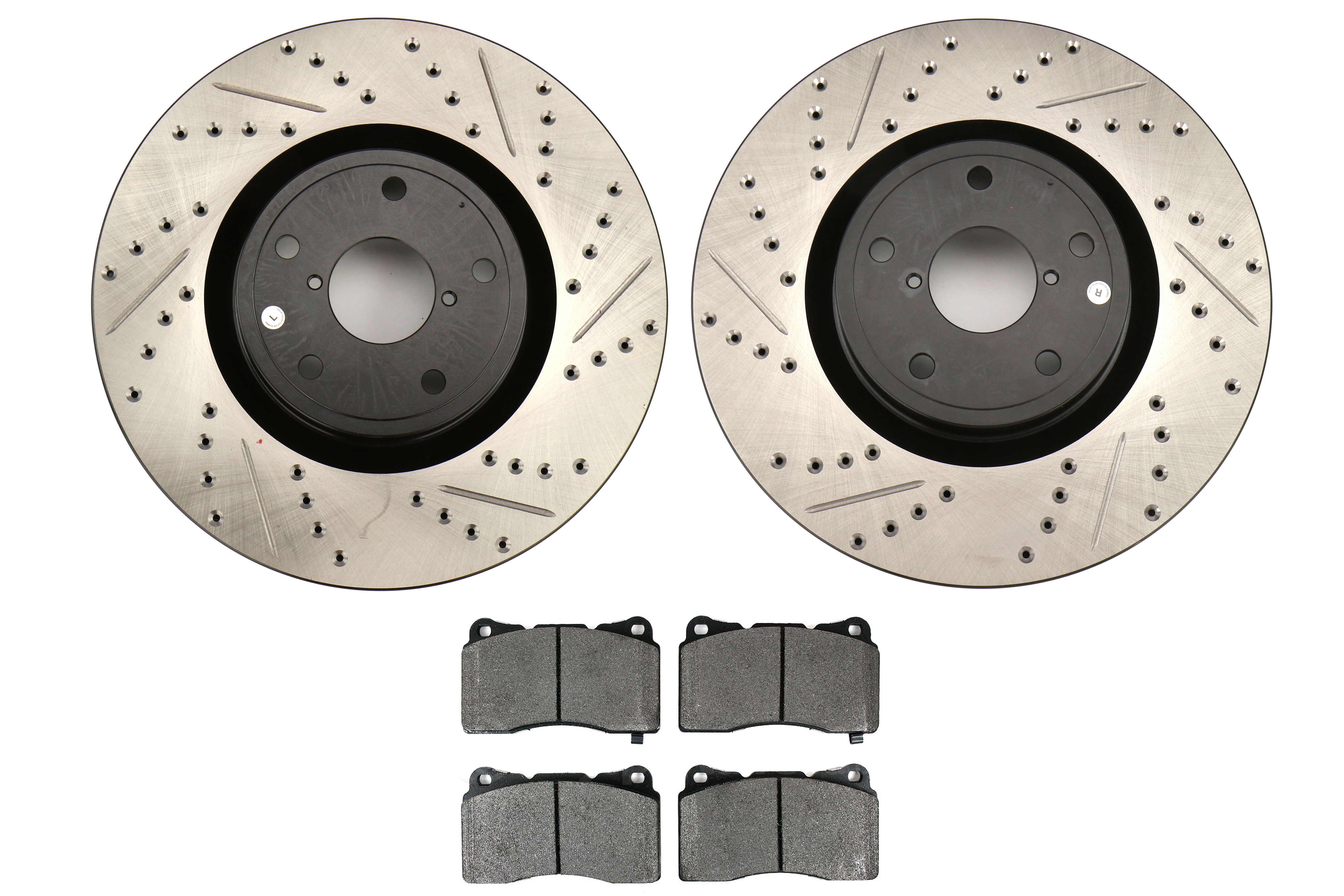 Stoptech Cross Drilled Sport Rotors and PosiQuiet Semi-Metallic Brake Pads - 2005-2017 Subaru STI