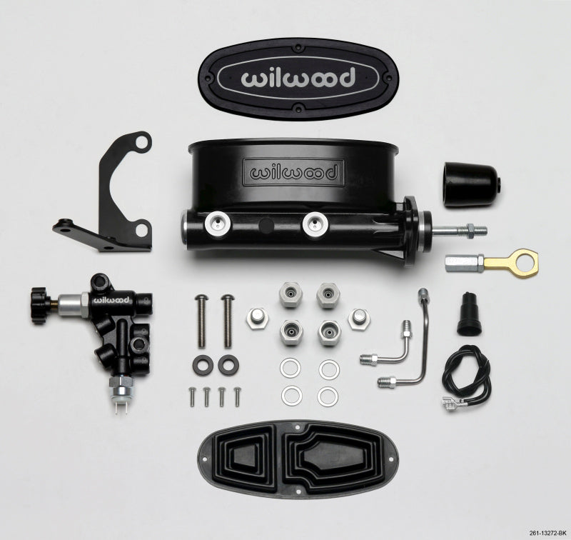 Wilwood HV Tandem M/C Kit w L/H Bracket & Prop Valve - 7/8in Bore Black-W/Push. - Early Mustang